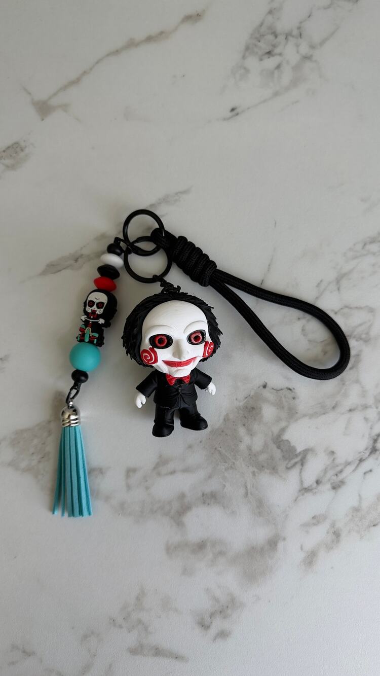 Jigsaw Billy Puppet 3D Horror Figure Keychain Saw Lanyard Strap Bag Charm